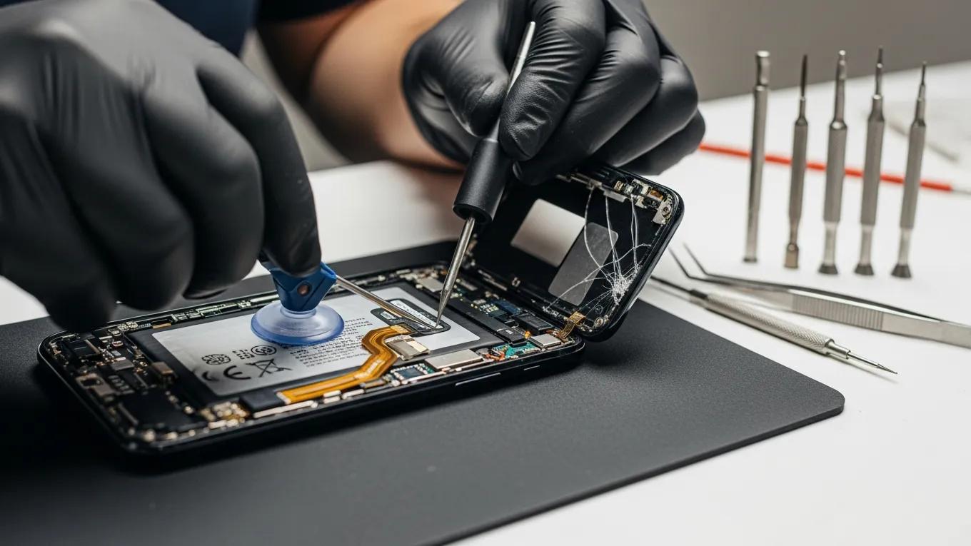Technician removing a damaged smartphone screen during a repair process
