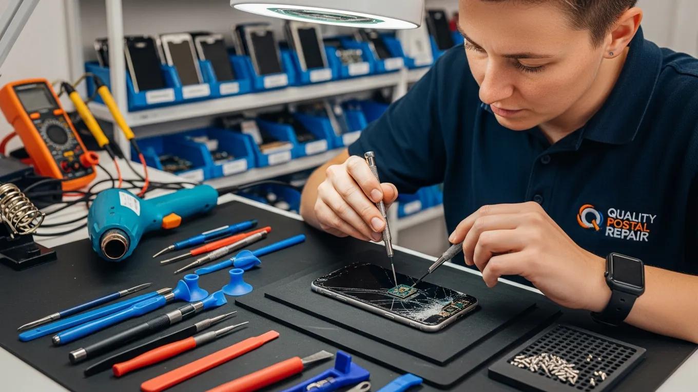 Technician repairing a cracked smartphone screen, illustrating service quality and expertise