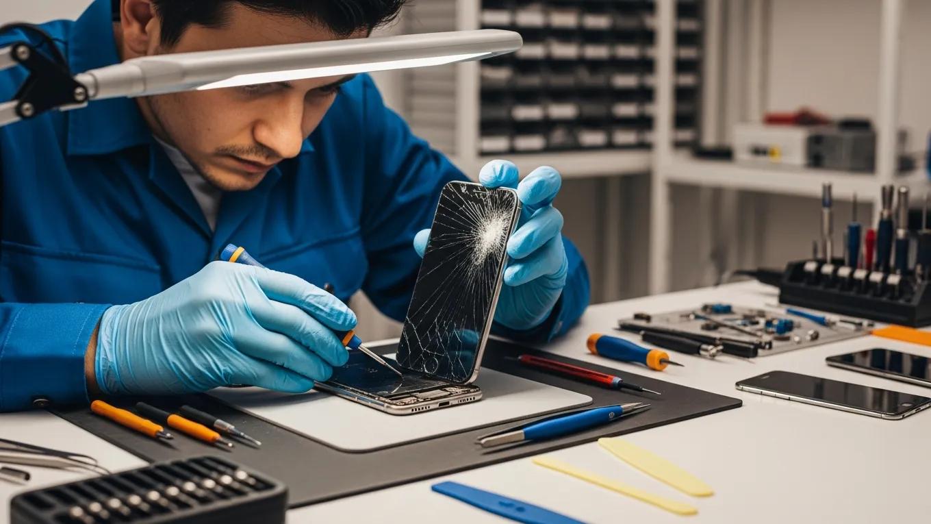 Mobile devices showing common faults like cracked screens and battery issues