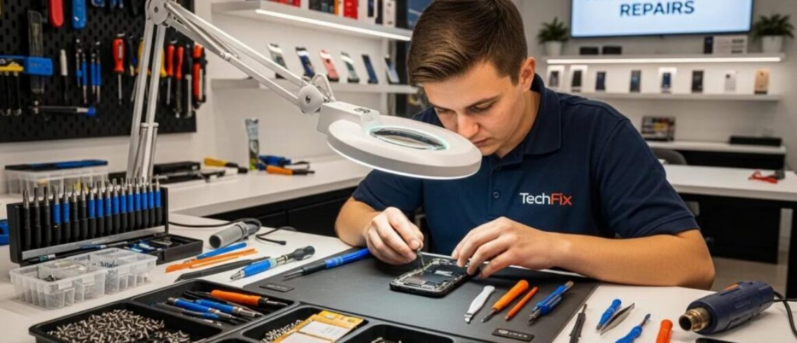 Technician repairing a smartphone in a modern repair shop, highlighting express phone repair services