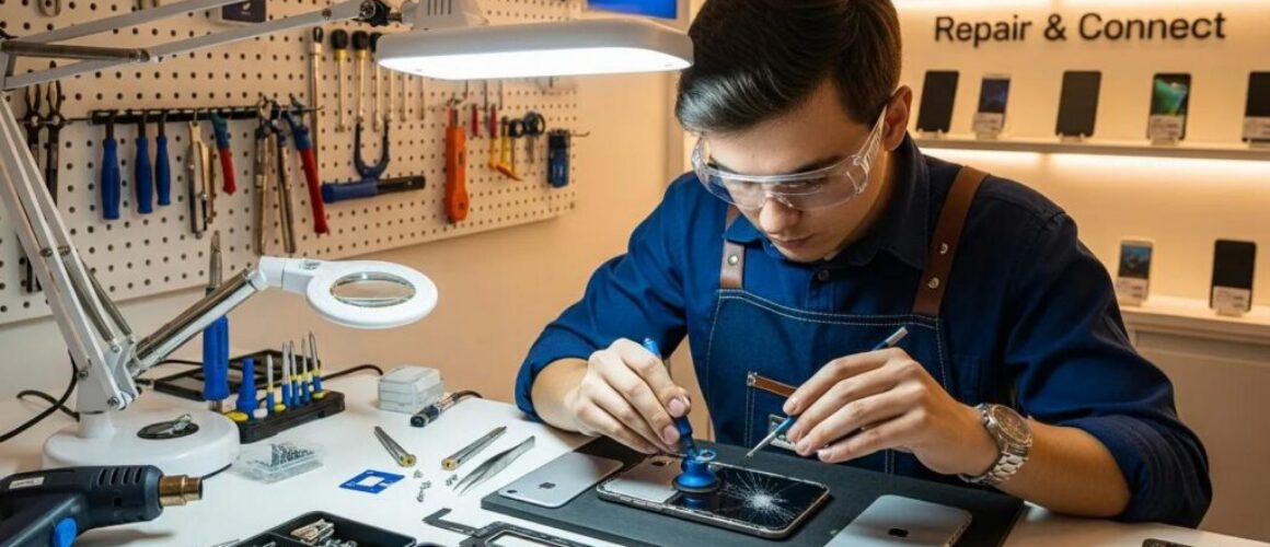 Technician repairing a smartphone screen in a modern mobile phone repair shop
