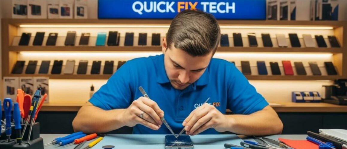 Technician repairing a smartphone screen in a modern repair shop