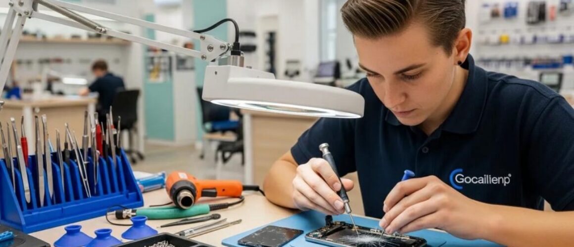 Technician repairing a smartphone screen in a modern repair shop