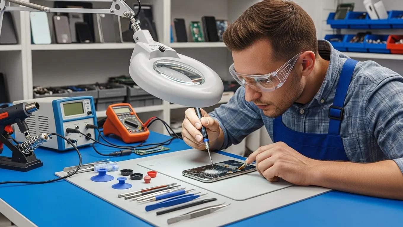 Technician repairing a smartphone screen in a professional workshop