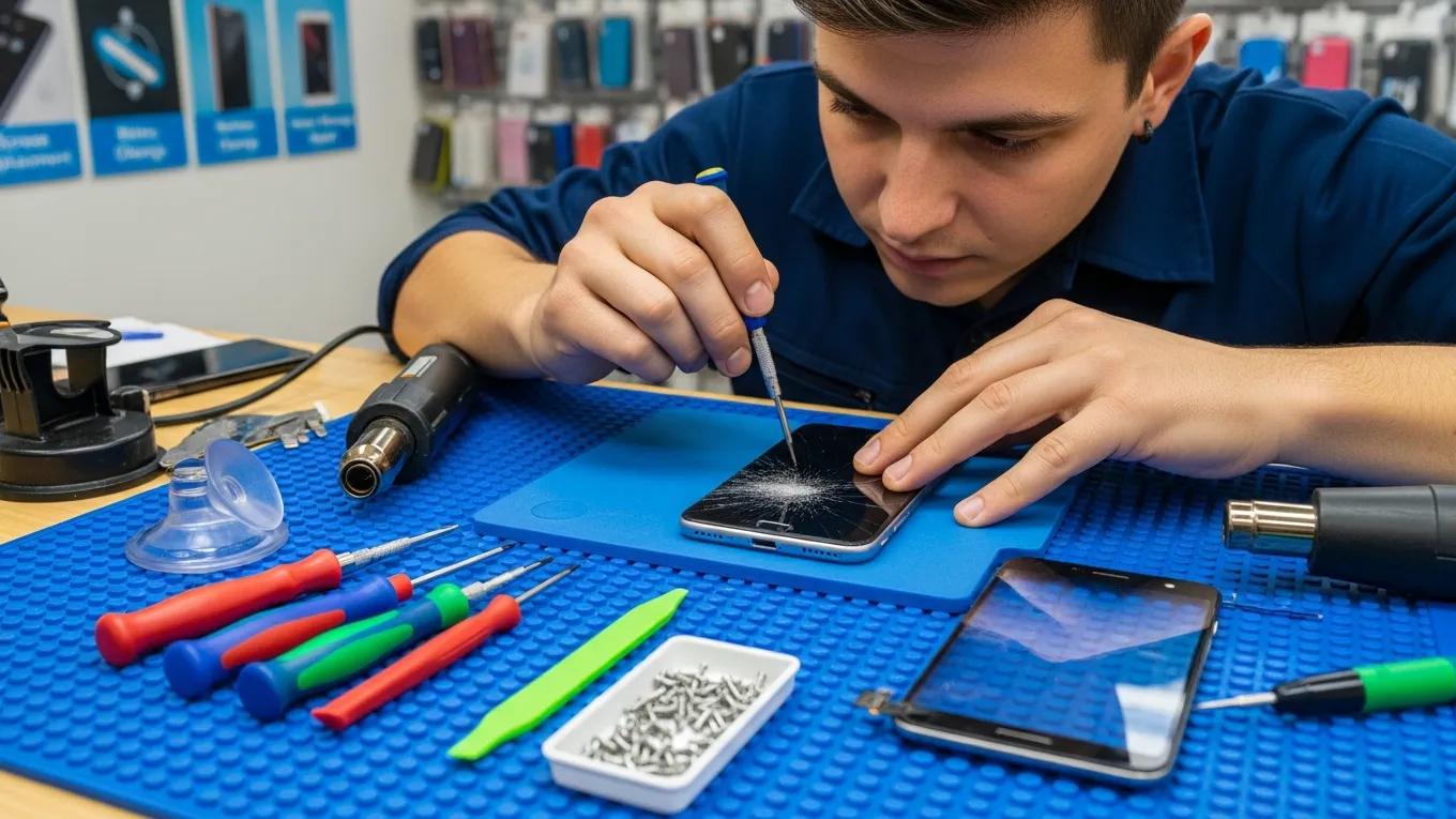 Technician replacing a cracked smartphone screen, illustrating common repair services offered