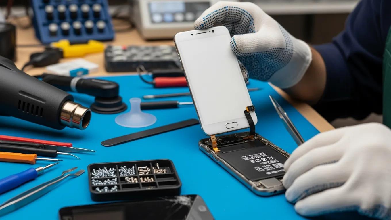 Technician replacing a smartphone screen with tools and parts visible
