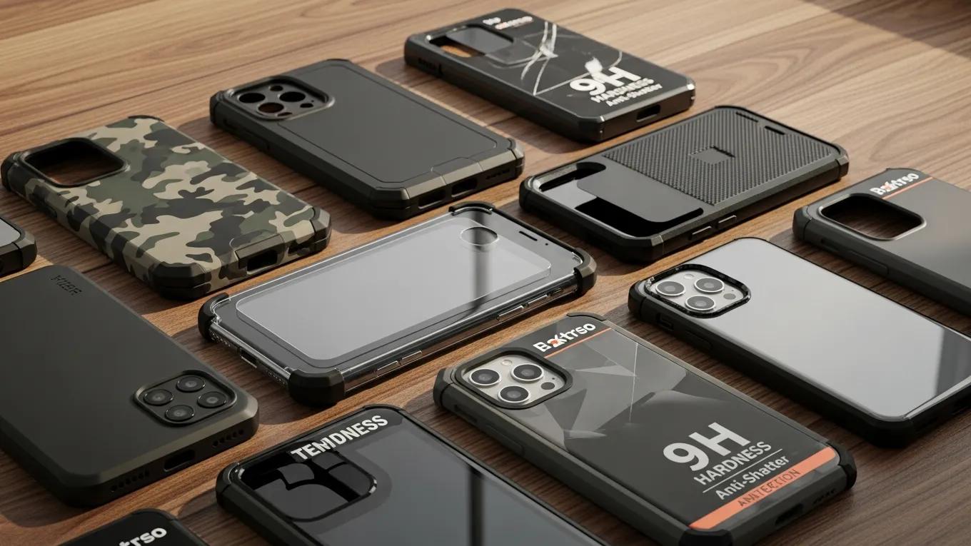 Variety of smartphone protective accessories including rugged cases and screen protectors, emphasizing device protection