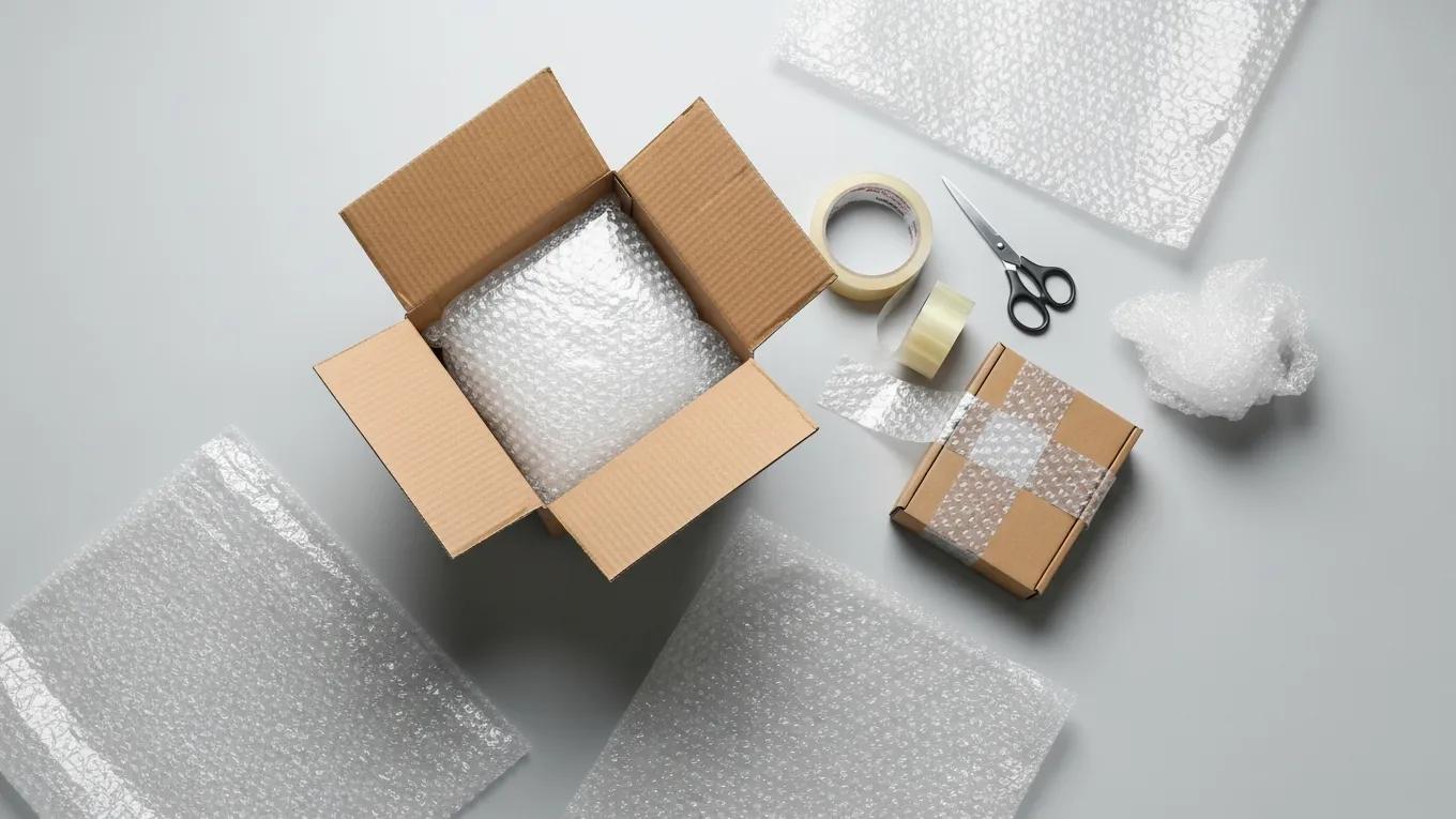 Various secure packaging materials for sending a phone for repair, including bubble wrap and a sturdy box
