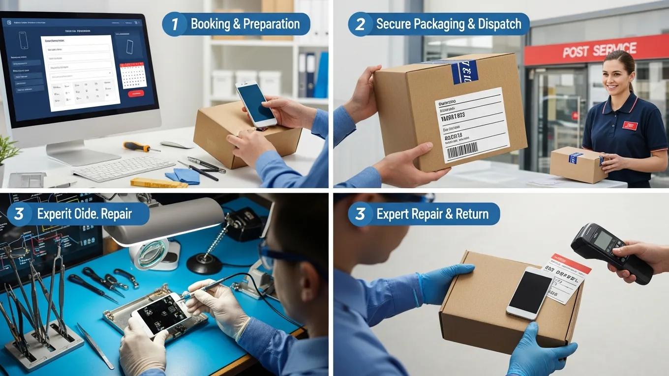 Visual representation of the postal phone repair process with booking, preparation, and shipping elements