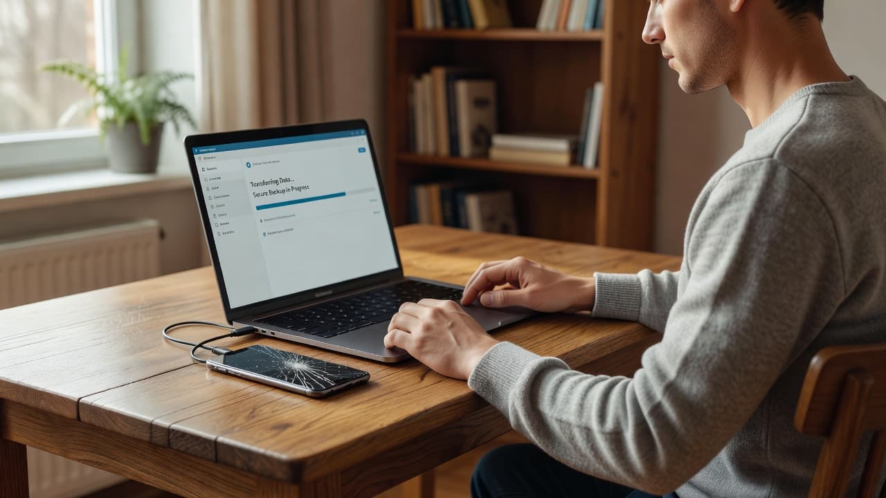 A person sits at a neat wooden desk at home, connecting a smartphone with a shattered display to their laptop using a USB cable for a secure data transfer.