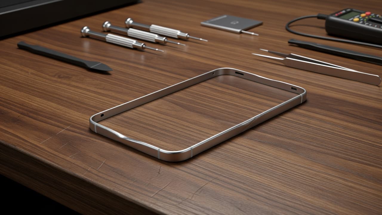 A silver smartphone with a noticeable bend rests on a clean wooden workbench surface. Surrounded by specialized precision screwdrivers and tweezers, the device undergoes a professional diagnostic process under soft lighting.