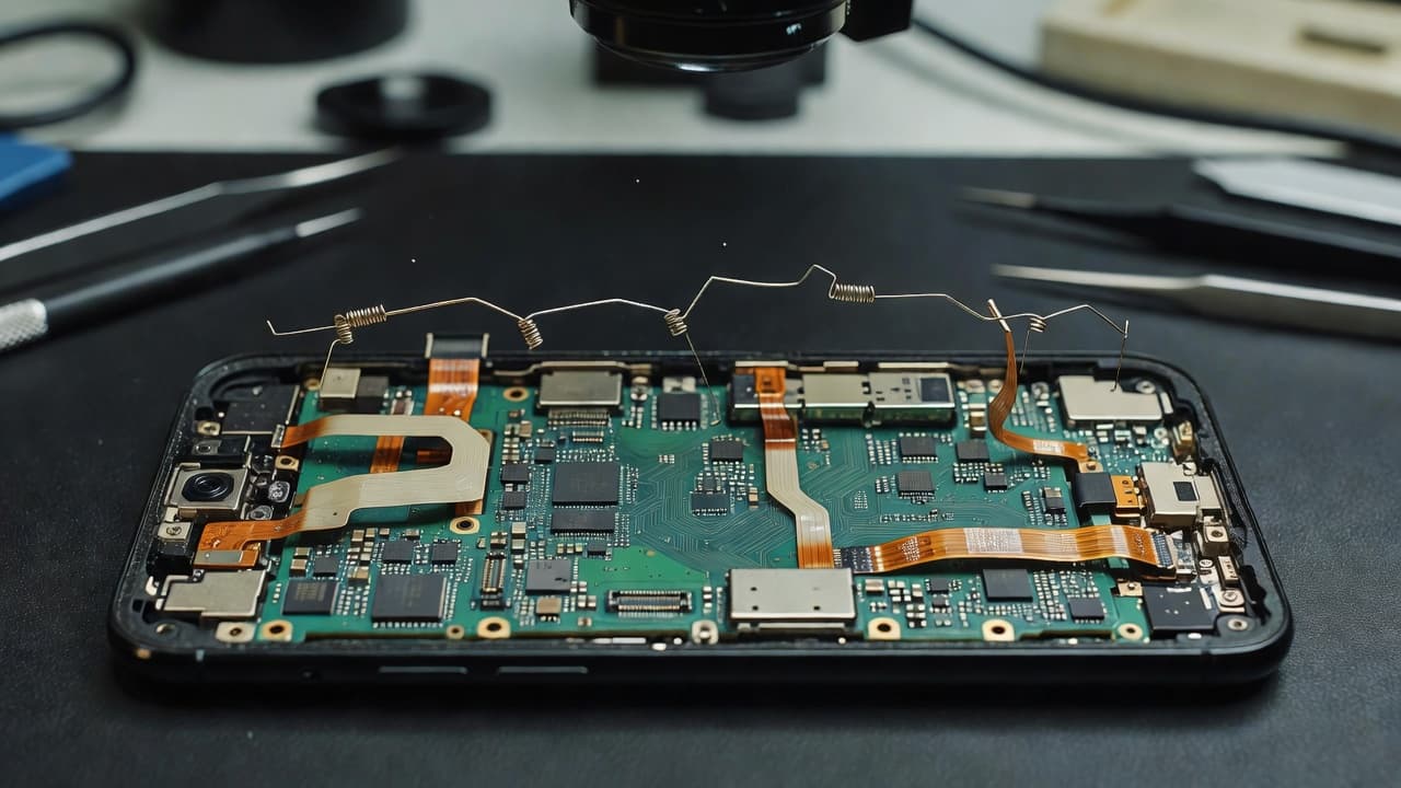 A disassembled smartphone reveals a complex motherboard with intricate ribbon cables and delicate antenna arrays. Tools rest near the central chassis, highlighting the fragile connections disrupted during a high-impact drop.