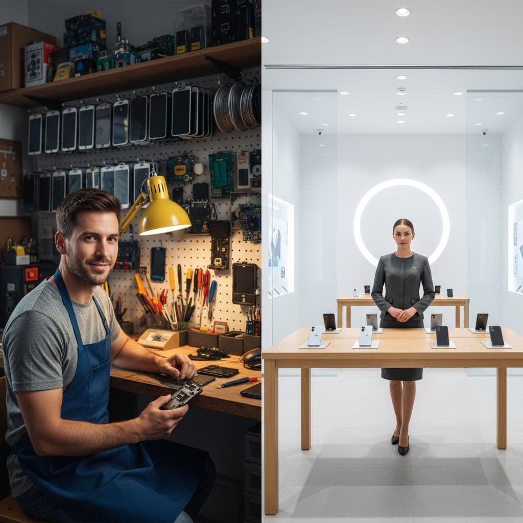 A split-frame view showing a cluttered technician workbench with specialised tools on the left and a clean, minimalist retail electronics display with a sales associate on the right side.