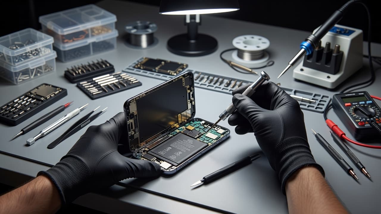 A technician wearing precision gloves disassembles a smartphone on an anti-static mat. Specialized screwdrivers and tweezers are organized neatly around the glowing device under a bright, focused overhead clinical lamp.