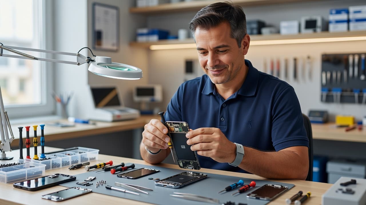 A technician wears precision gloves while carefully repairing a smartphone on an organized desk. Specialized repair tools are neatly arranged nearby under bright studio lighting in a modern clean workshop environment.