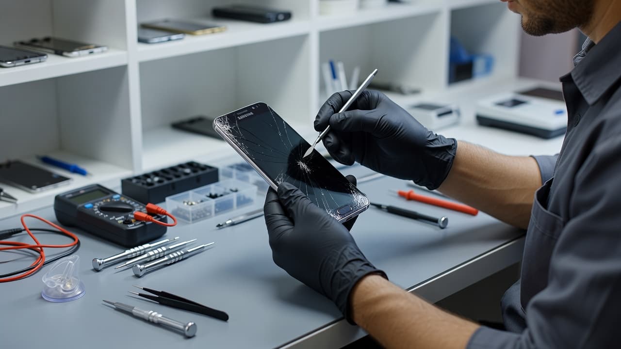 A technician wears precision gloves while examining a cracked mobile display on a workbench. Various specialized repair tools and screwdrivers are neatly arranged on the clean, illuminated surface in the background.