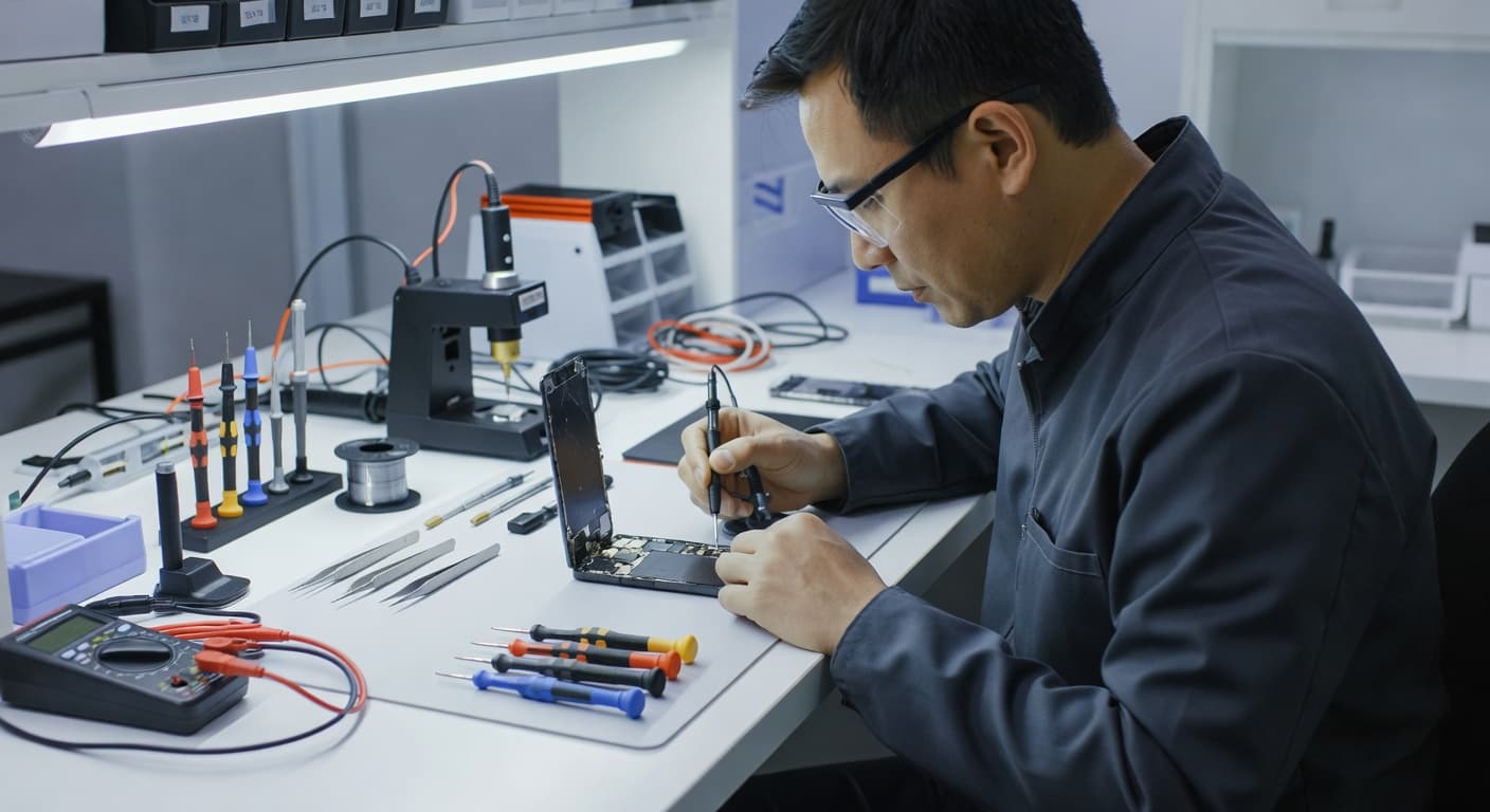 A technician wears precision gear while inspecting a smartphone display under bright lights. Various specialized screwdrivers and tweezers are organized neatly across the clean, sterile white surface of the workbench.