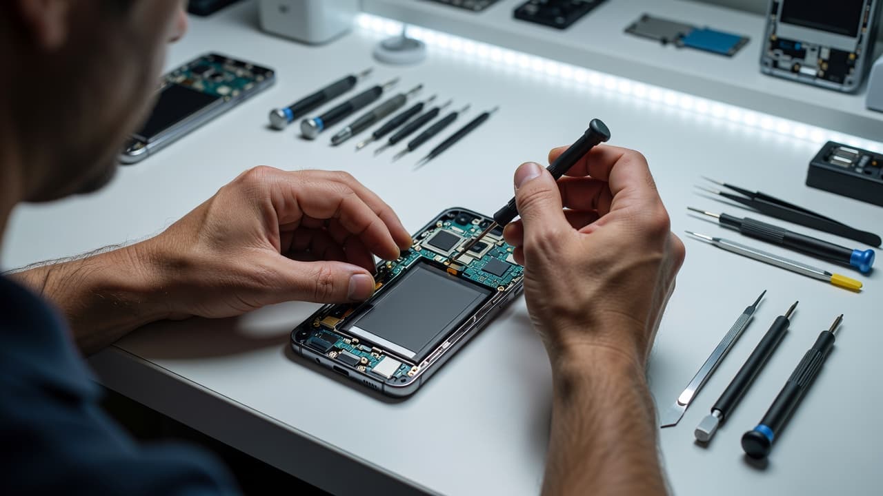 A technician wears ESD gloves while manipulating tiny internal components of an open smartphone. Precision screwdrivers and tweezers are organized neatly on the bright, clinical surface of the repair workstation.