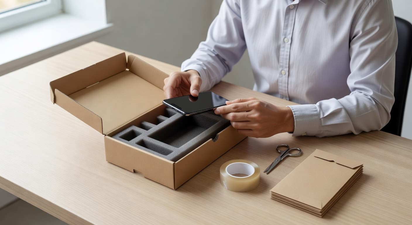A pair of hands carefully slides a sleek smartphone into a foam-lined shipping box atop a white desk. Soft sunlight illuminates the professional workspace while ensuring the device remains protected.
