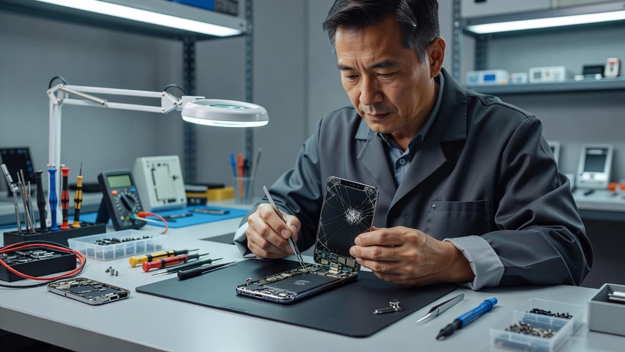 A focused technician uses professional tools on a clean workbench to examine the internals of a shattered mobile device. The soft ambient lighting highlights the precision required for complex hardware repairs.