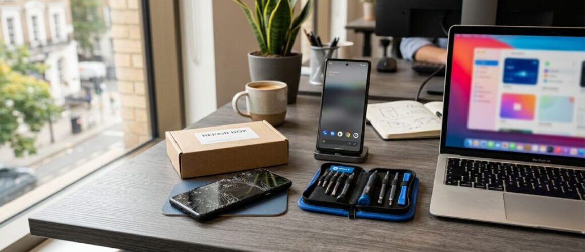 A cracked phone, repair kit, and backup device on a desk with a laptop.