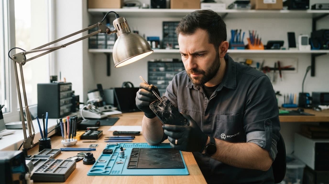 A technician examines a cracked smartphone screen under a lamp in a workshop.