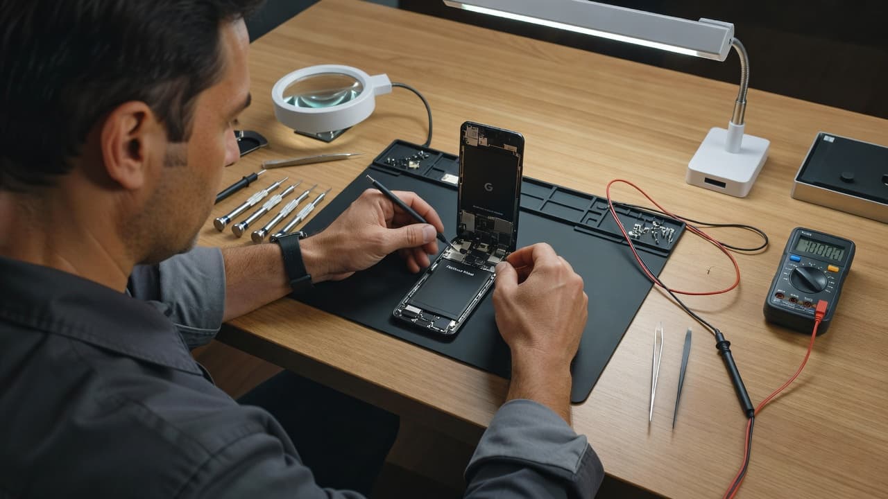 A technician using repair tools on a smartphone at a clean wooden workbench.