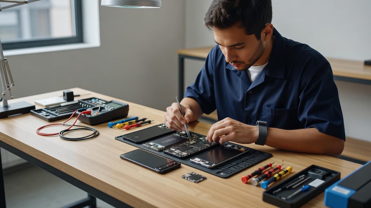 A technician at a clean workbench repairing a disassembled smartphone.