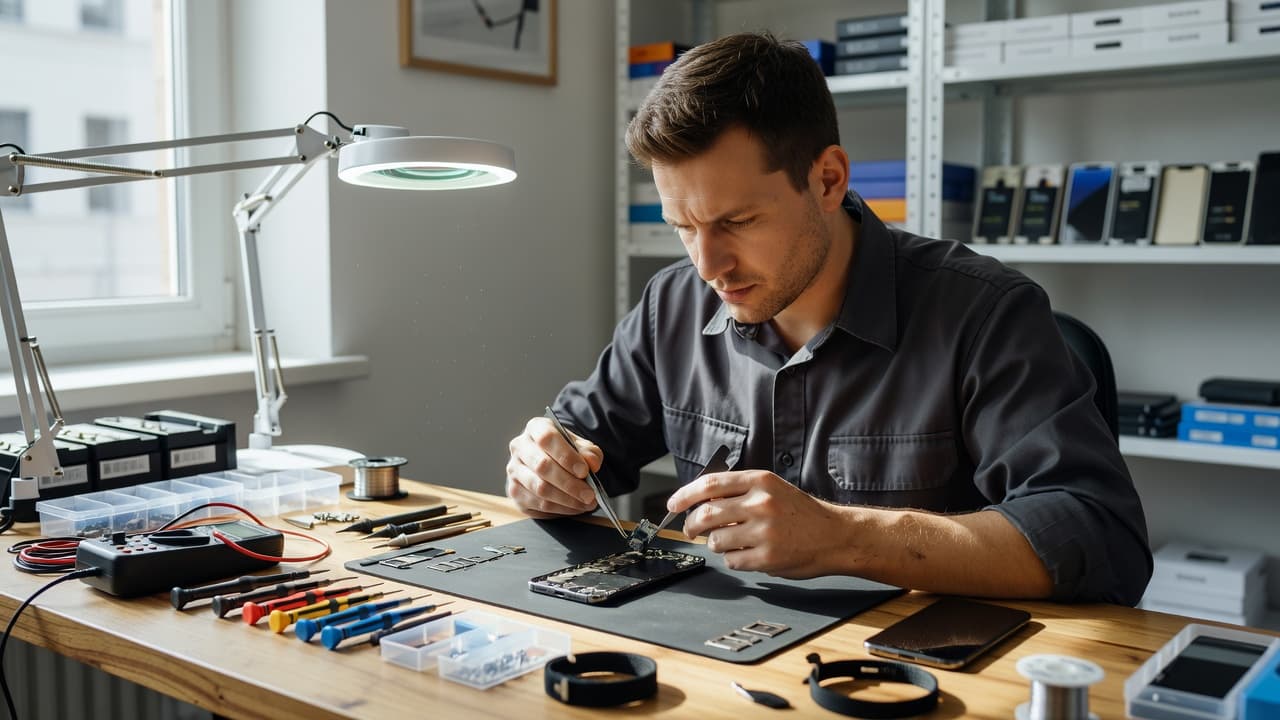 A technician working on a smartphone at a tool-filled workbench in bright light.