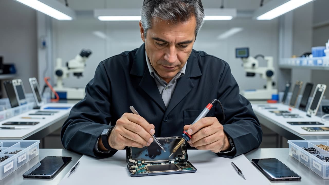 A professional technician carefully working on a smartphone screen inside a clean repair shop.