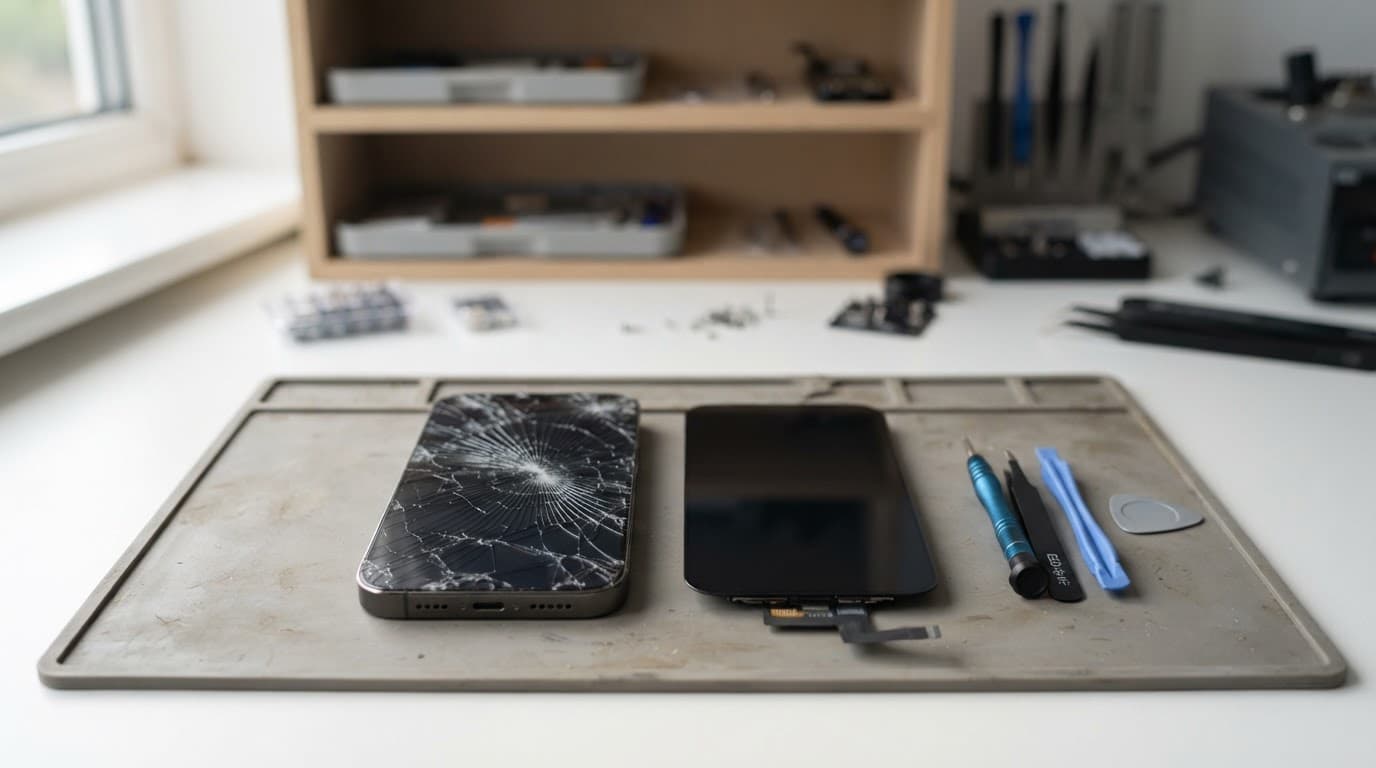 A cracked smartphone beside a replacement screen and repair tools on a workbench.