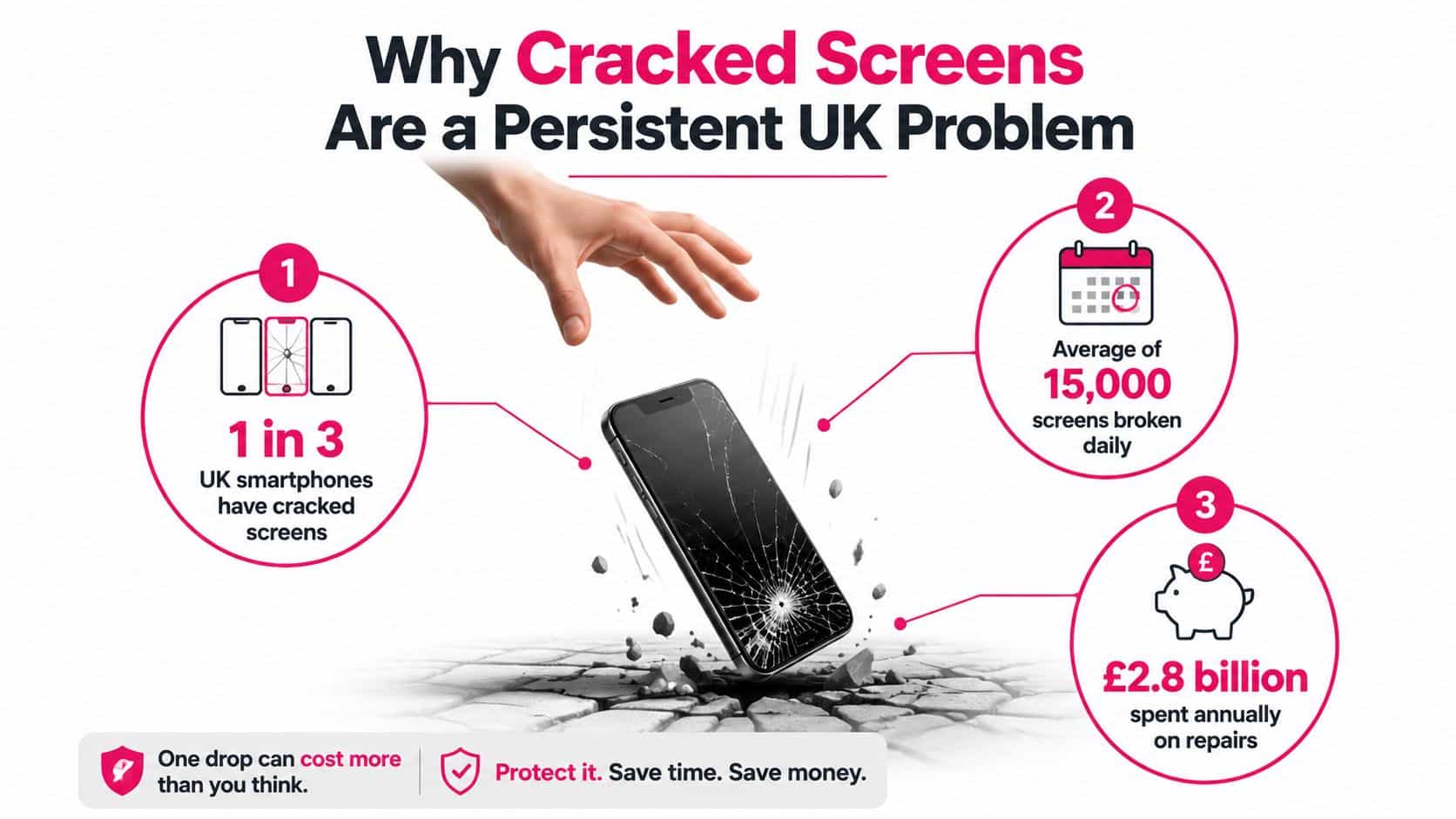 An infographic illustrating the high frequency and financial cost of cracked smartphone screens in the United Kingdom.