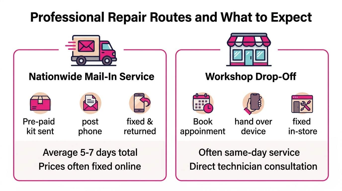 An infographic comparing professional repair options including a nationwide mail-in service and a local workshop drop-off.