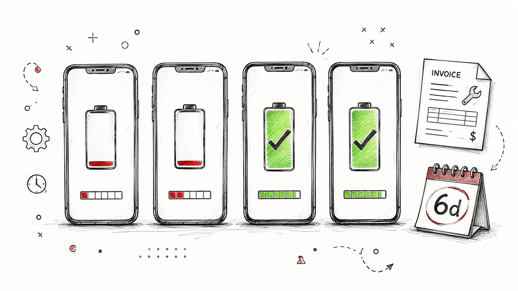 A hand-drawn sketch illustration showing a phone battery repair process from low battery to fully charged status.