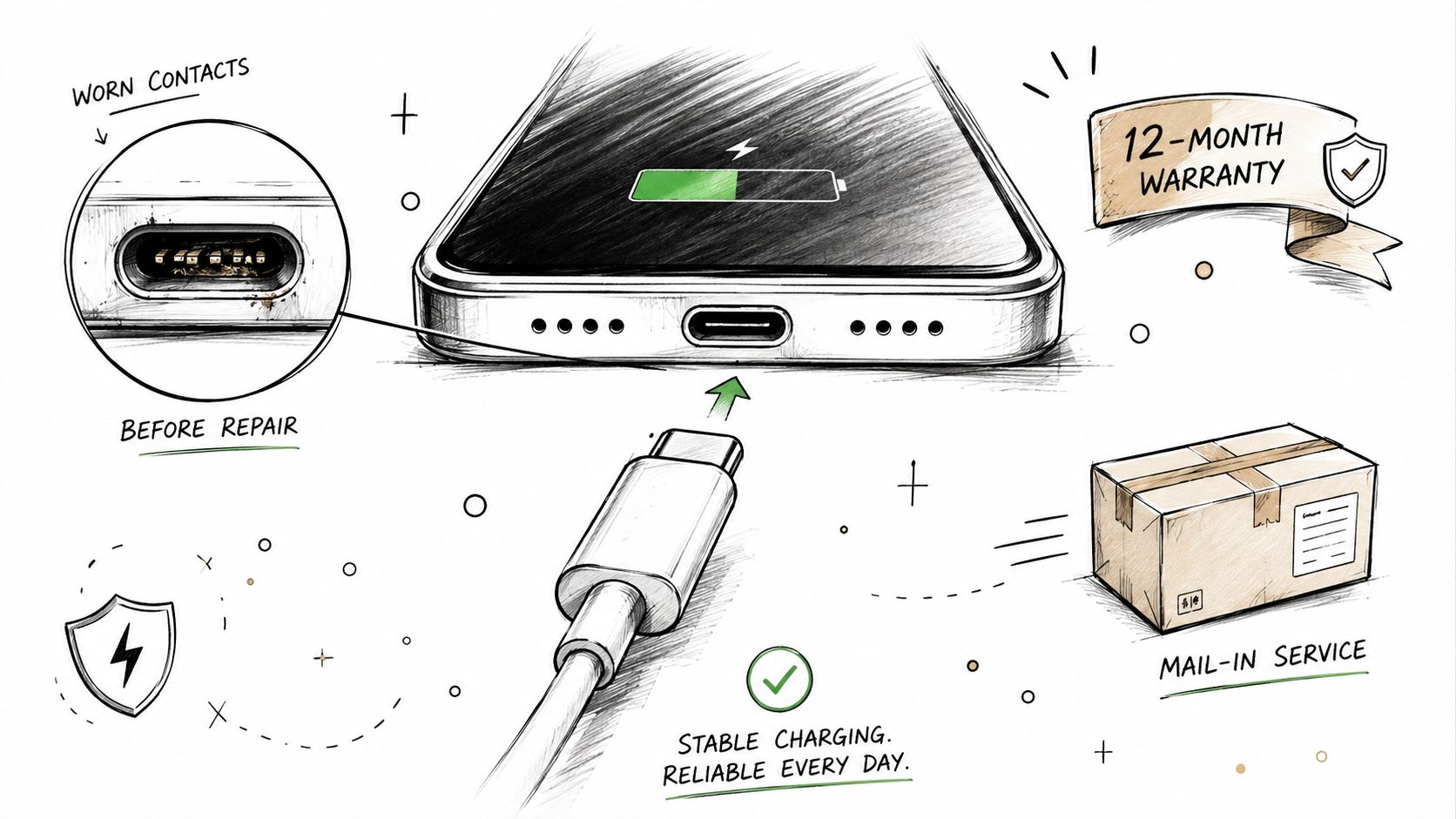 A hand-drawn illustration showing a phone with a damaged charging port, repair services, and warranty benefits.