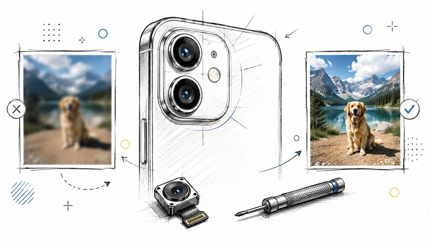 A conceptual illustration showing a smartphone camera repair process with a blurred and a sharp dog photo.