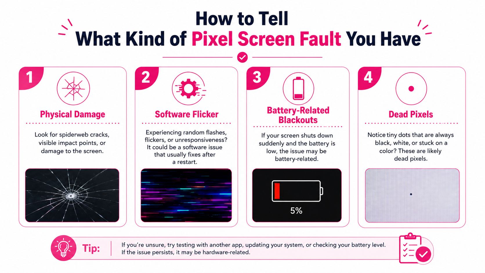 An infographic titled How to Tell What Kind of Pixel Screen Fault You Have displaying four common issues.