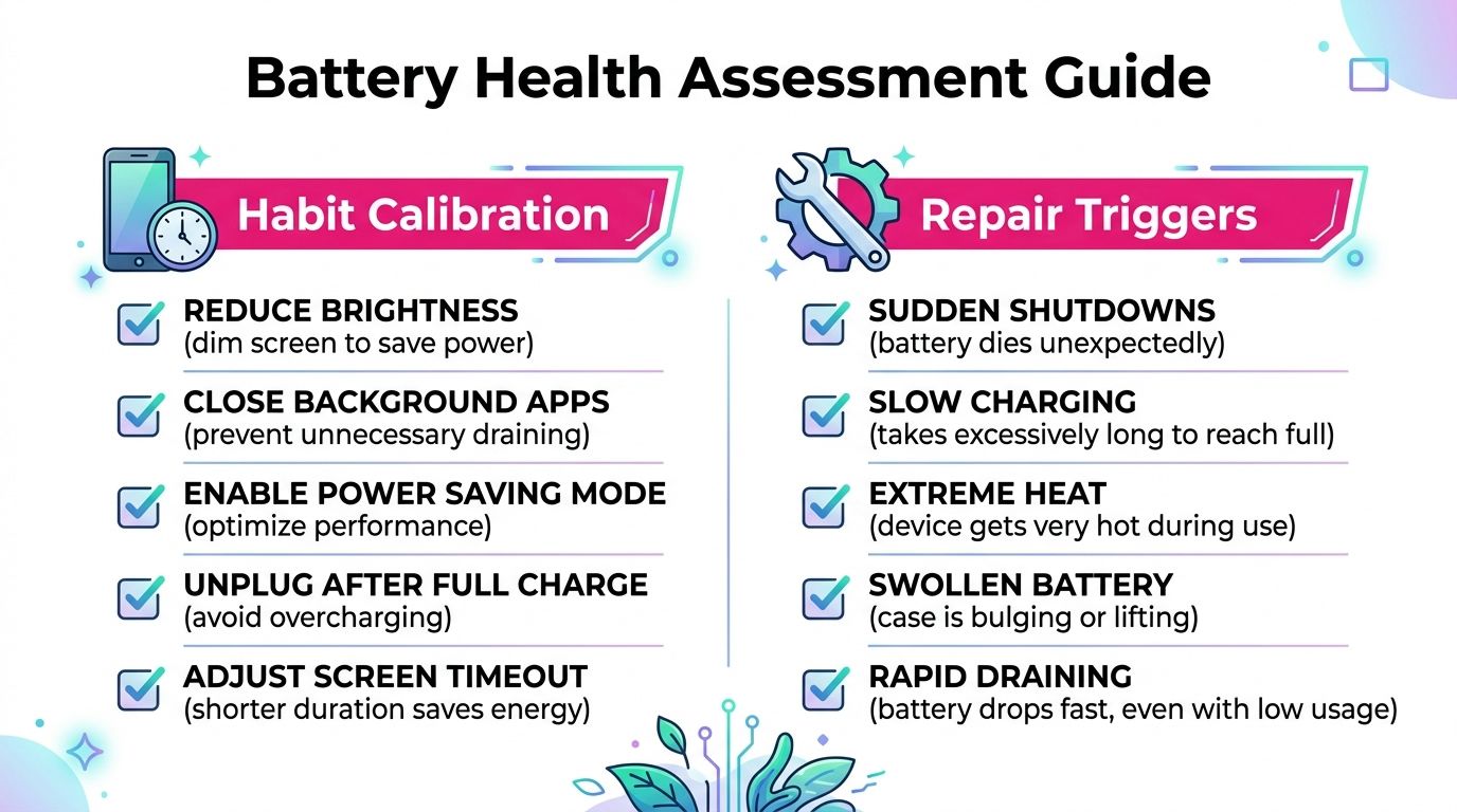 A guide listing phone battery maintenance habits and warning signs indicating that a battery repair is needed.
