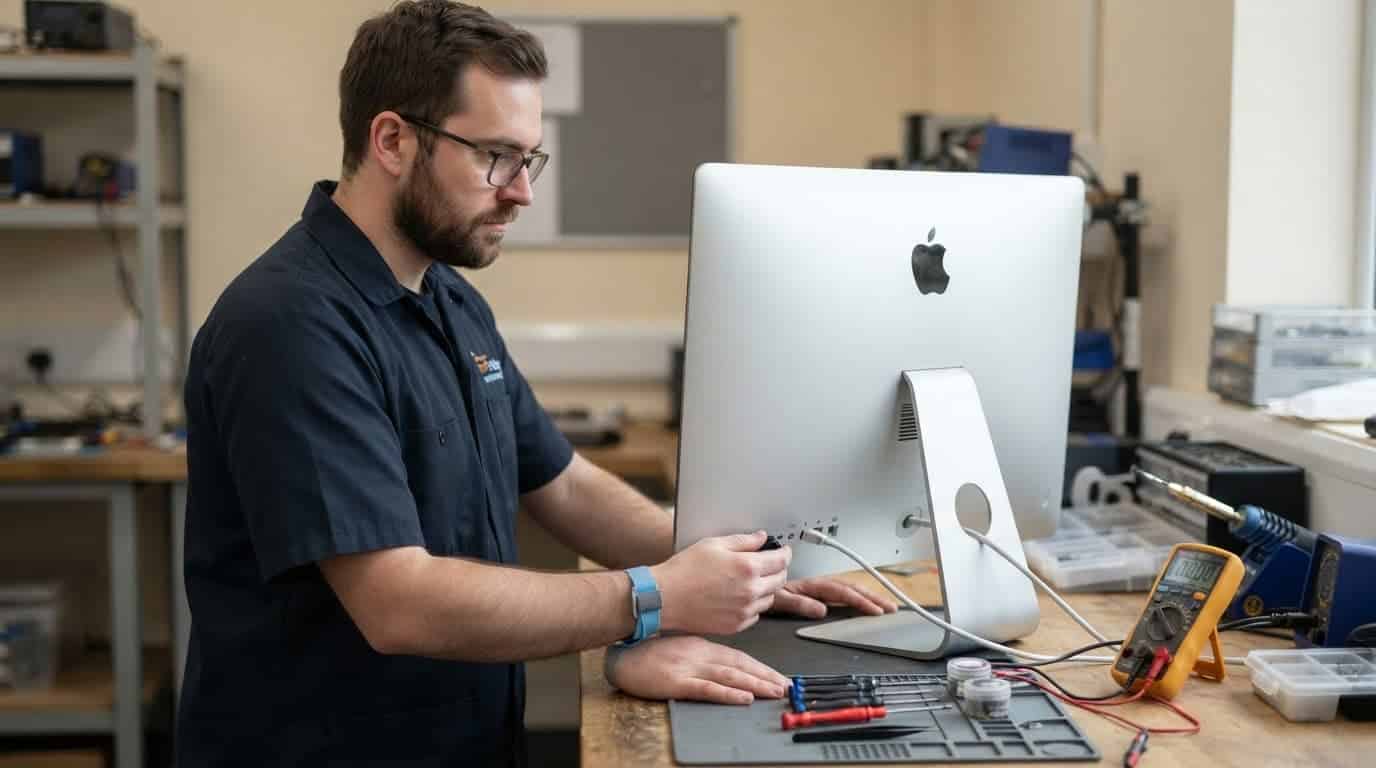 A technician checks the rear connections of an iMac on a repair bench.