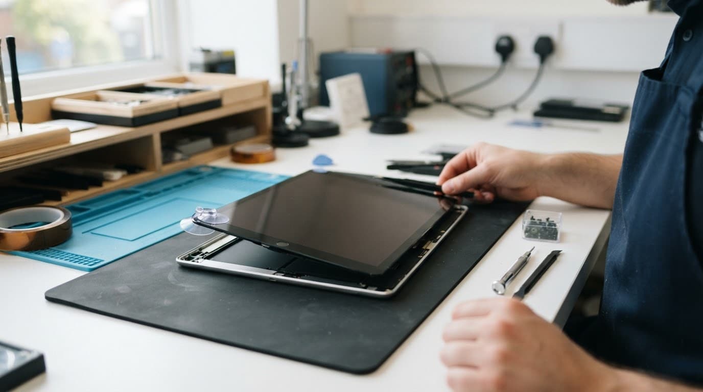 A tablet with a lifted screen on a repair bench beside inspection tools.