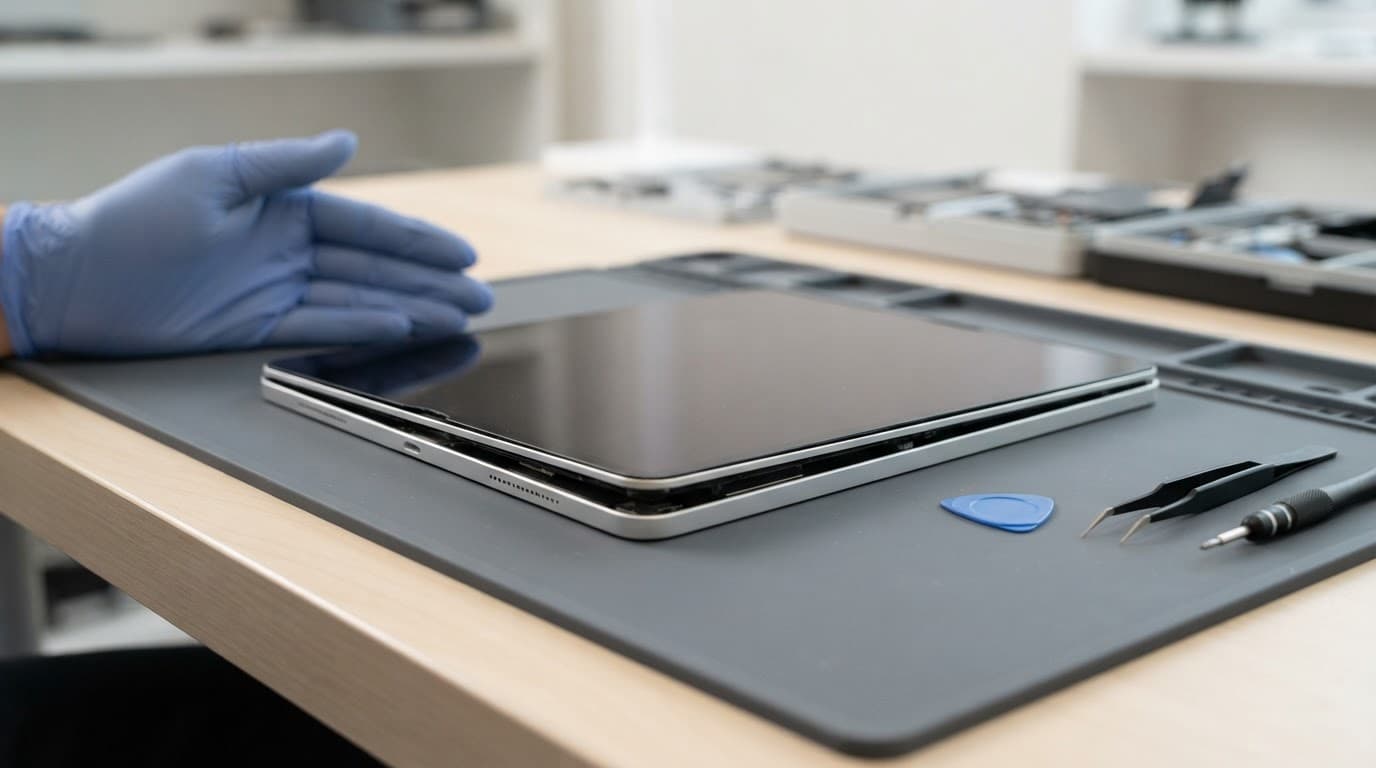 An iPad display lifting slightly from its frame on a repair bench.