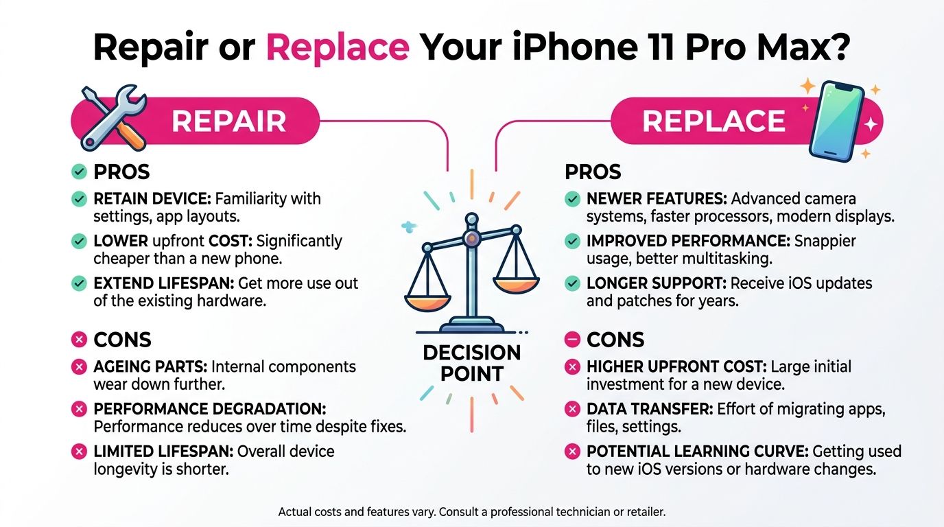 An infographic comparing the pros and cons of repairing versus replacing an iPhone 11 Pro Max device.