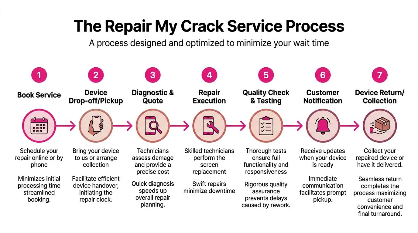 A flowchart showing the seven-step Repair My Crack service process for quick and professional device repair.