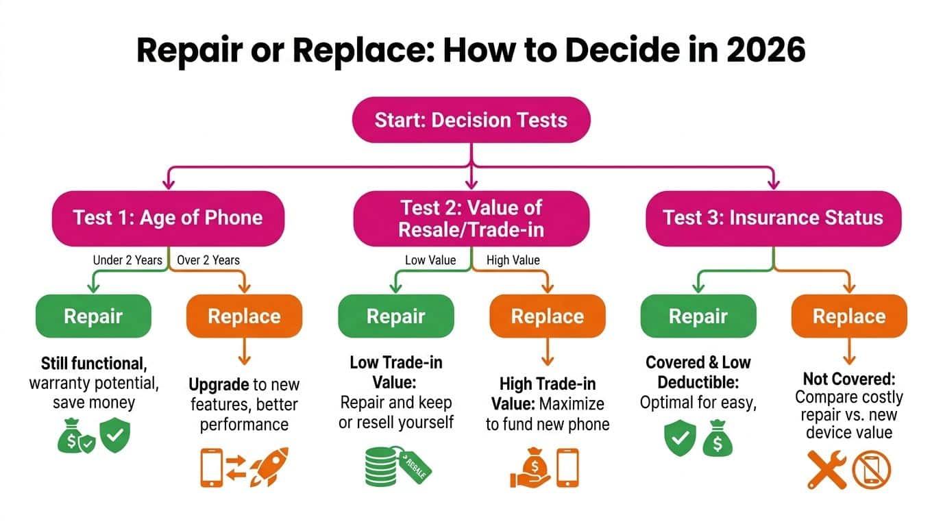 A decision flowchart for 2026 showing whether to repair or replace a smartphone based on age, value, and insurance.