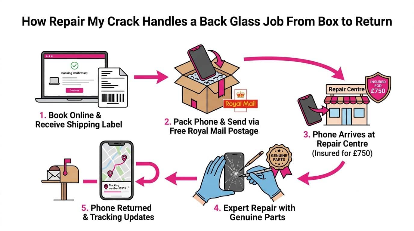 An infographic illustrating the five-step process of professional iPhone back glass repair through a mail-in service.