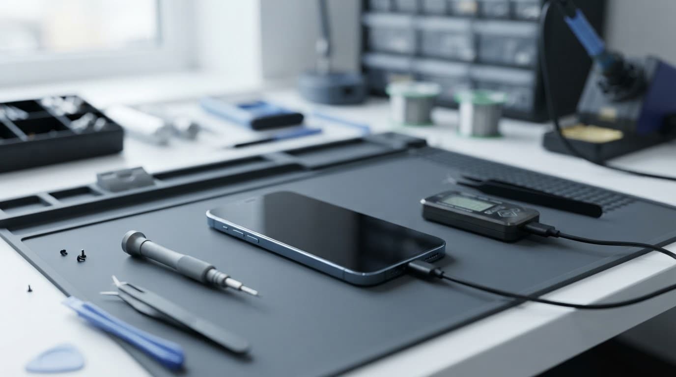 An iPhone beside a battery meter and repair tools on a clean workbench.