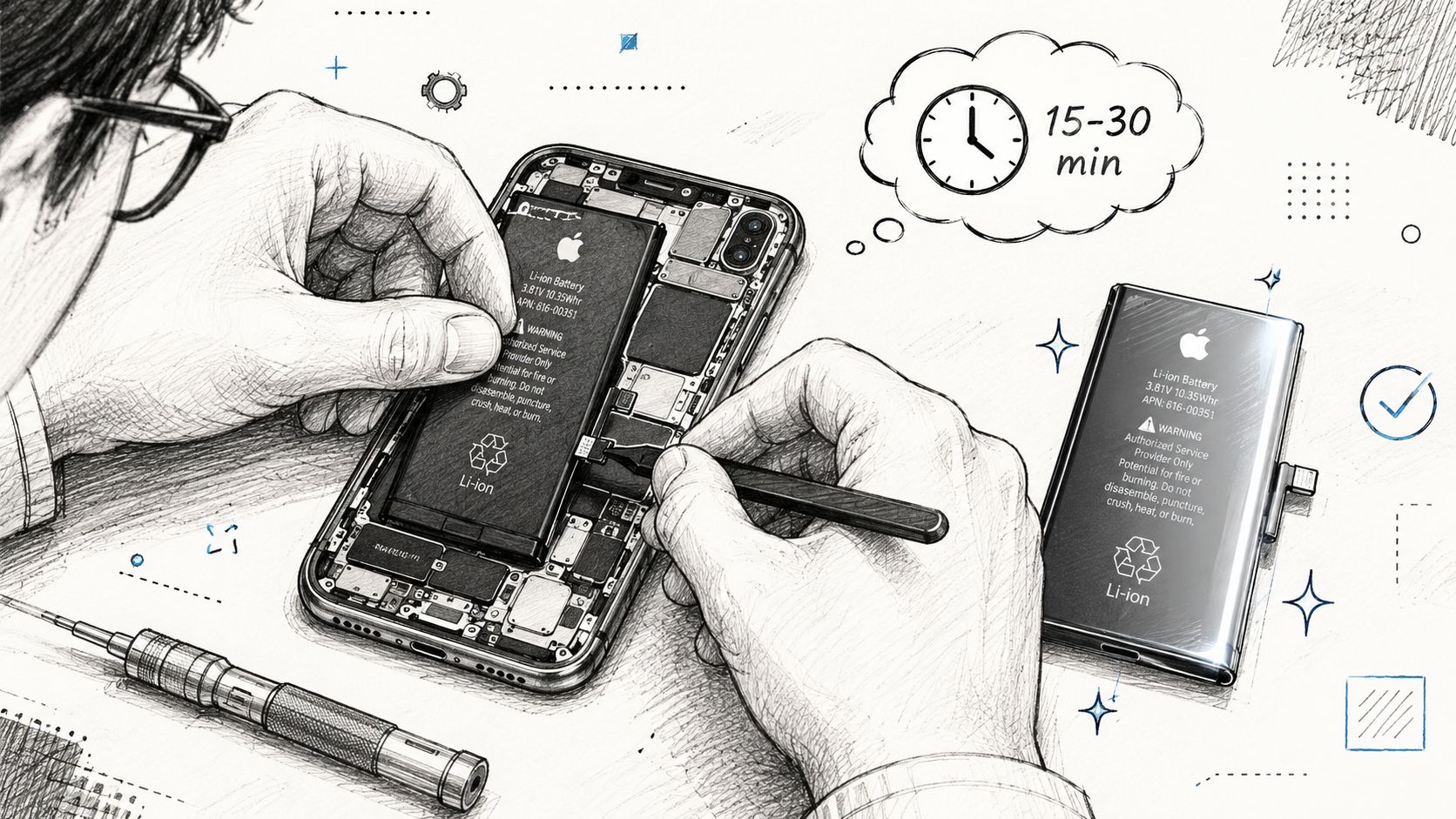 A detailed pencil sketch of a technician replacing an iPhone battery with a 15-30 minute duration indicator.