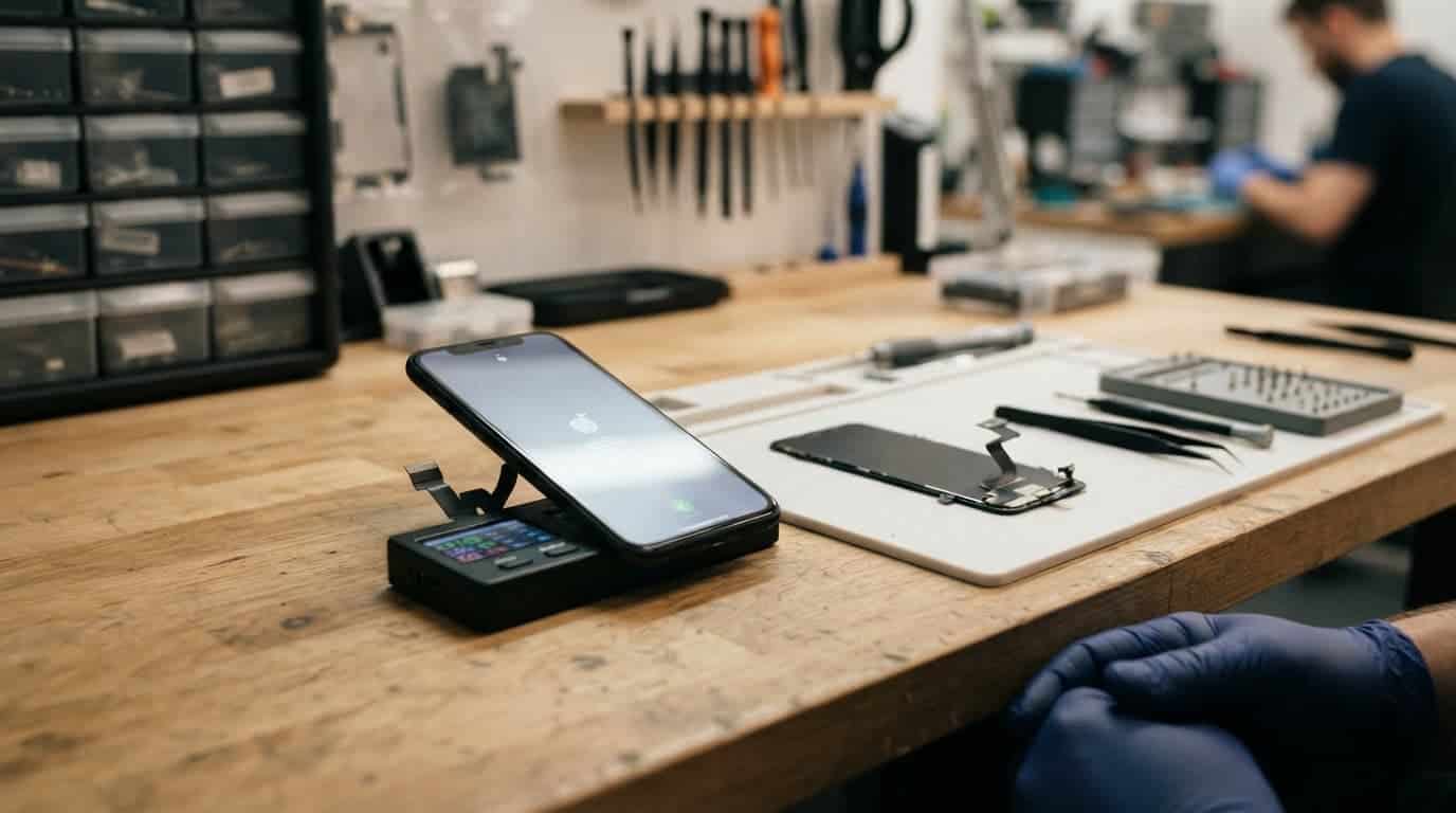 An iPhone connected to a battery tester beside repair tools and a replacement screen.