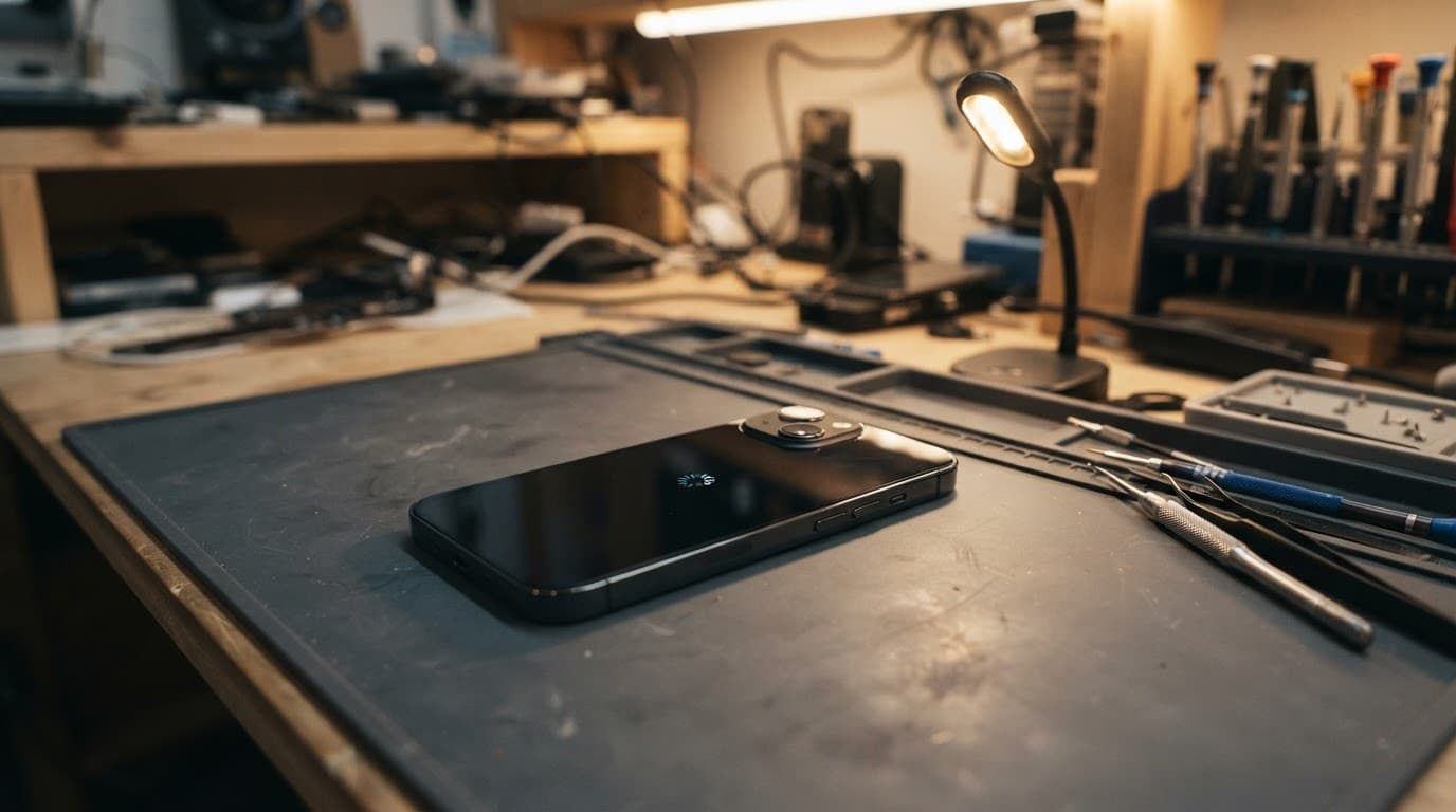 Repaired iPhone 13 on a testing mat beside an inspection light and tools.