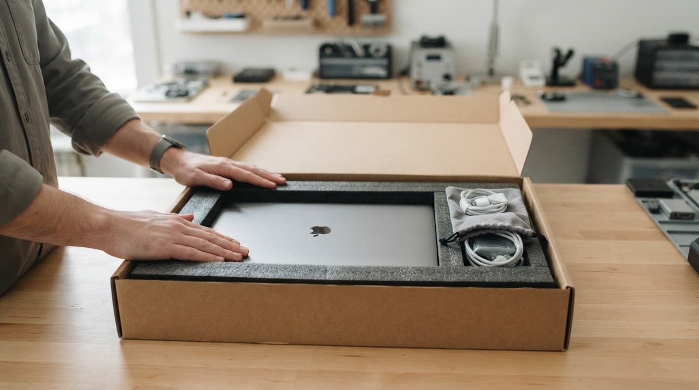 A laptop cushioned in an open box beside an accessory pouch and relaxed hands.